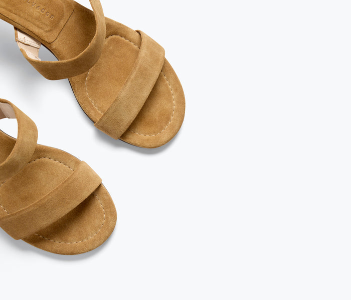 Freda Salvador Poppy double strap heel in rum suede showing sleek heel and detailed strap design
