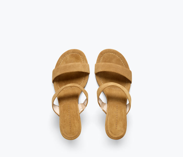 Freda Salvador Poppy double strap suede heel in rum color, showcasing the stylish design and suede texture.