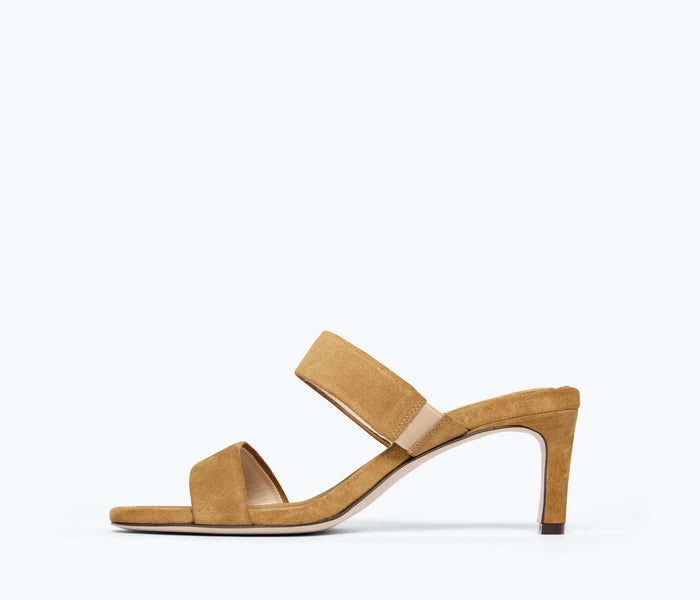 Freda Salvador Poppy double strap heel in rum suede, showcasing the inside view of the stylish women's heeled shoe.