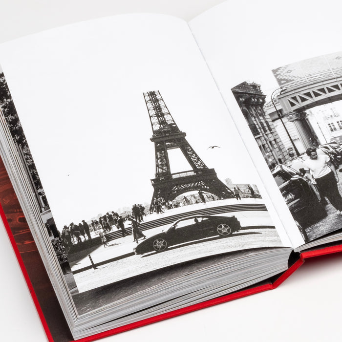 Another black and white page from Bart Kuykens Prancing Horses photo book dedicated to classic Ferraris and their drivers utilizing analog photography.