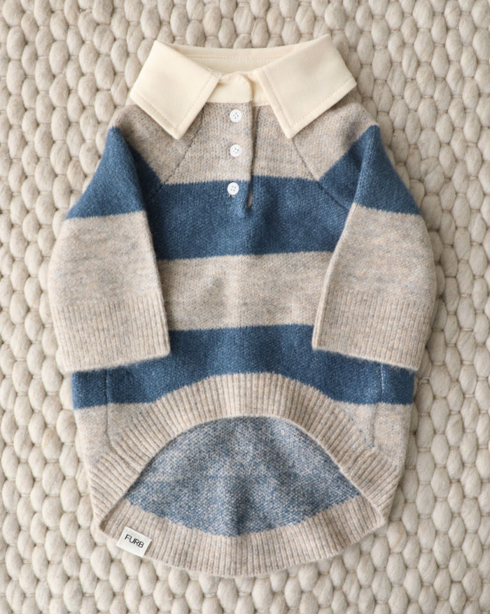 Blue and grey striped rugby dog sweater with a preppy, classic look, warm yet breathable for daily wear, ideal for French bulldogs, pugs, and corgis