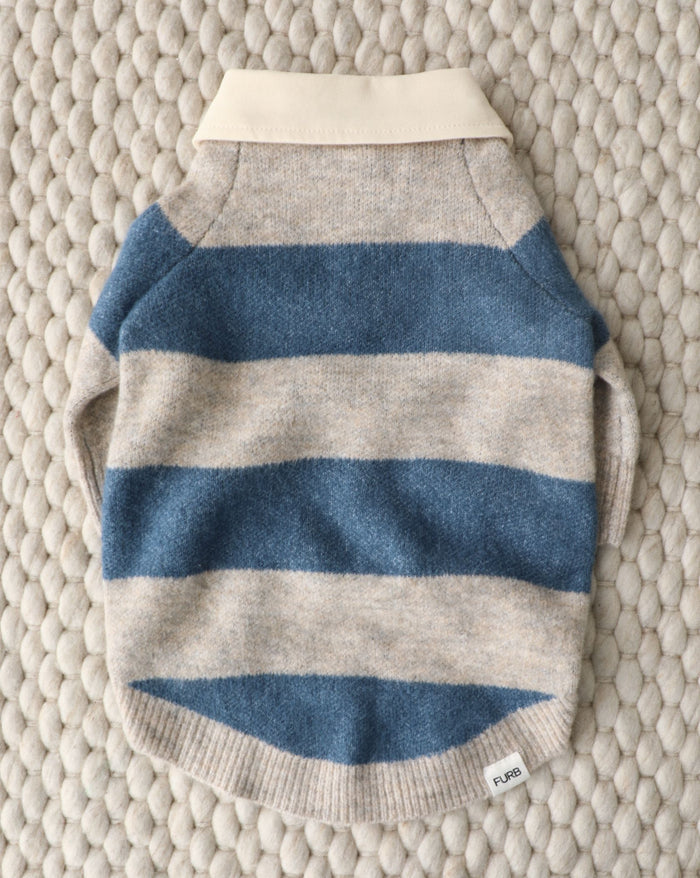 Prep inspired striped dog sweater designed for comfort and timeless style, perfect for cool walks, loved by dachshunds, cavapoos, and Boston terriers