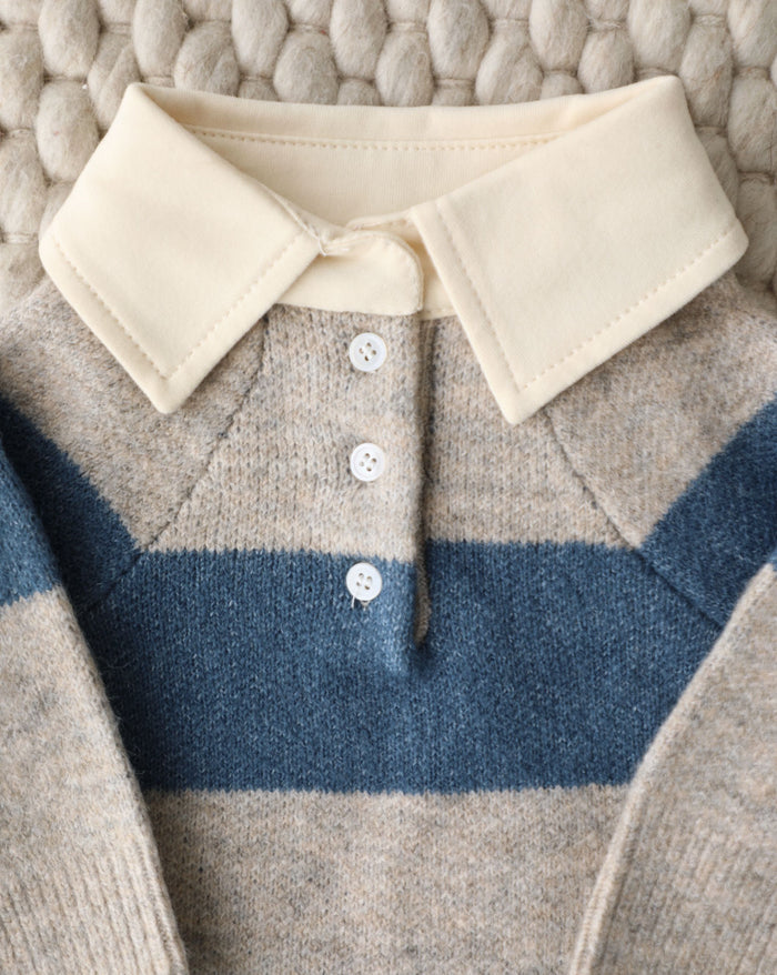 Soft knit rugby style dog sweater with classic blue striping, easy to layer for everyday outfits, great for shih tzus, Frenchies, and mixed breeds