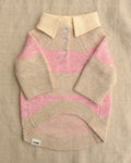Prep School Pup Pink Striped Rugby Sweater, cozy preppy dog sweater with sporty rugby stripes and ivory button-up collar for small to medium breed dogs