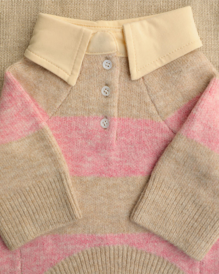 Pink striped rugby dog sweater with soft knit fabric, classic ivory collar and playful preppy style for small to medium breed dogs