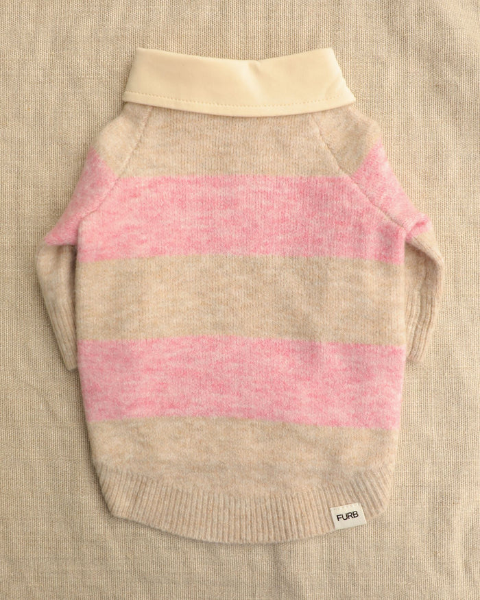 Cute pink striped dog sweater with a sporty rugby-inspired design, cozy knit feel and elevated button collar for small to medium breed dogs