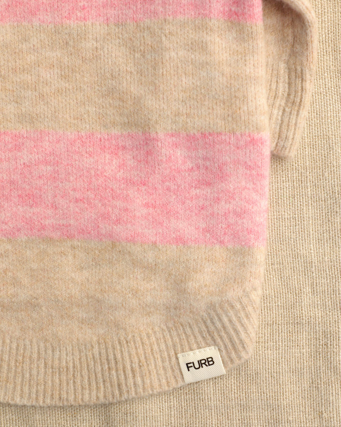 Stylish pink rugby dog sweater with classic stripes, soft breathable knit and ivory button collar, designed for small to medium breed dogs