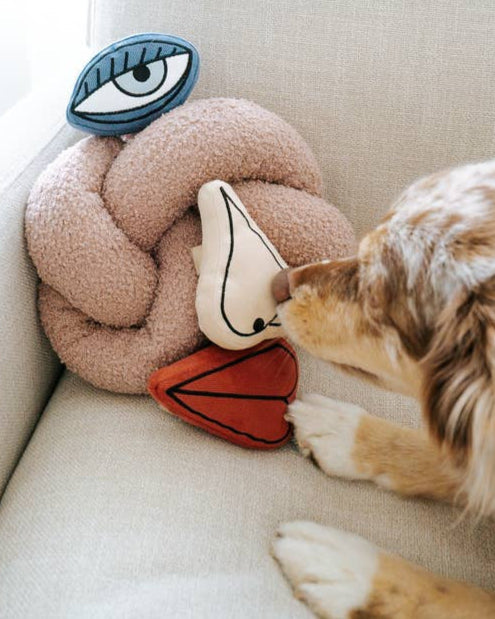 Art-inspired enrichment dog toys created for engaging playtime, soft and stimulating, loved by dachshunds and cavapoos