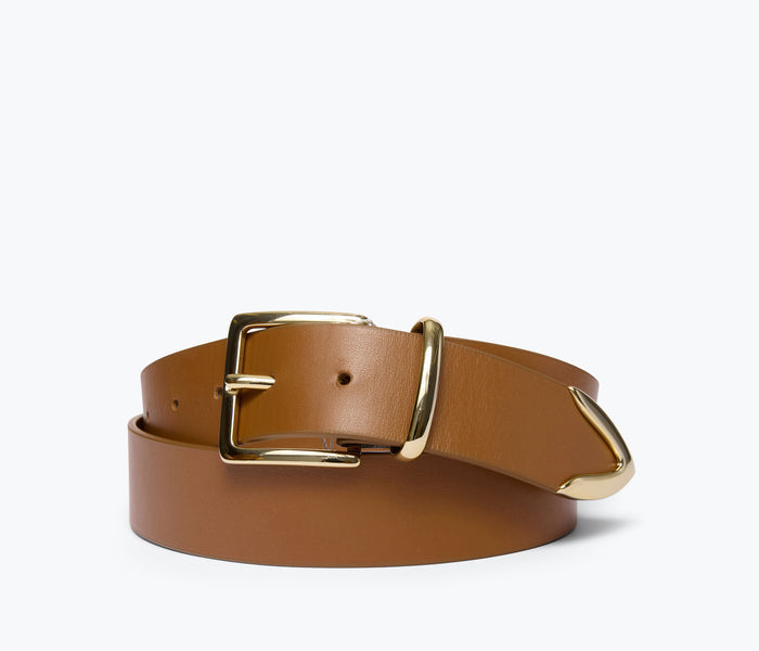 FREDA SALVADOR Randy Walnut belt with gold hardware, showcasing a stylish leather belt with a textured walnut finish.