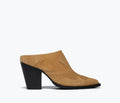 Freda Salvador Reba Western mule in hazel suede, front view showing stylish pointed toe and smooth suede texture.