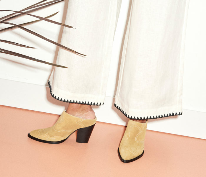 Freda Salvador Reba Western mule in Hazel suede featuring pointed toe and slip-on design.