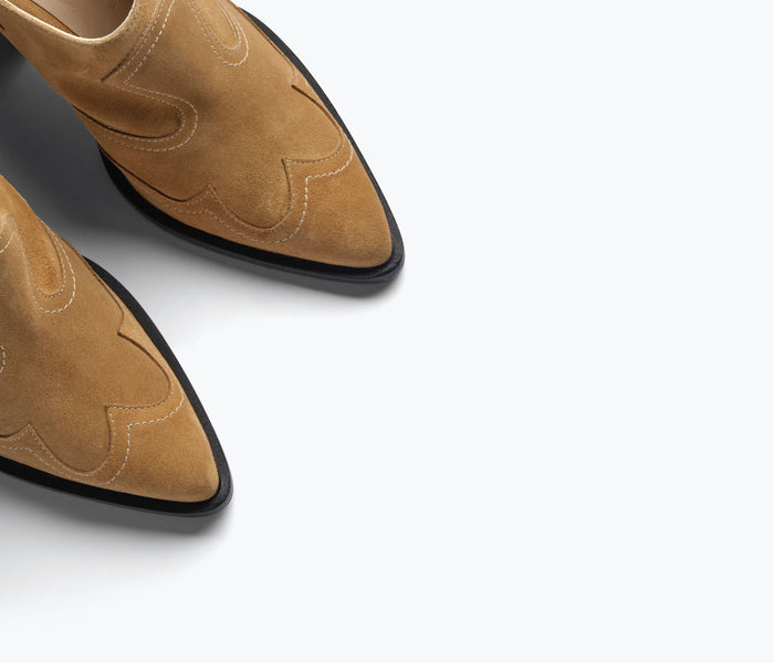 Freda Salvador Reba Western mule in hazel suede with detailed stitching and classic slip-on design.