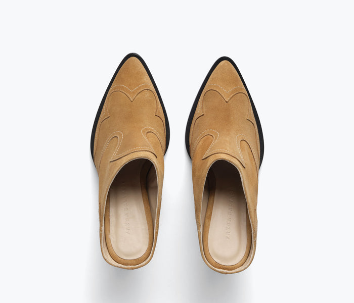Freda Salvador Reba Western mule shoe in hazel suede with pointed toe and decorative stitching, stylish slip-on footwear.