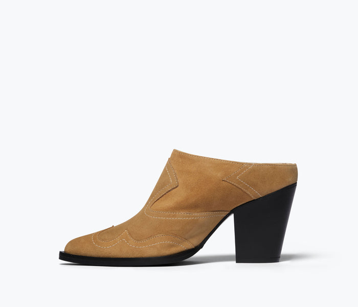 Freda Salvador Reba Western mule in Hazel suede, showing the inside view of the stylish slip-on shoe with pointed toe.