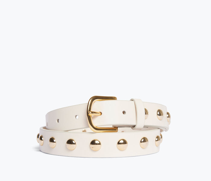 FREDA SALVADOR Rebecca belt in bone color with gold studs, stylish leather belt with decorative gold accents.
