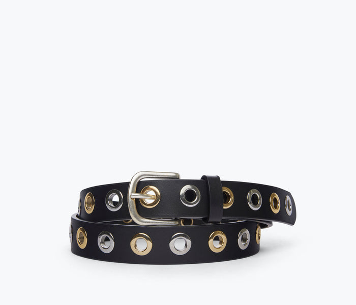FREDA SALVADOR Rebecca belt with mixed metal grommets, stylish brown leather strap, front view showing detailed hardware and design