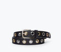 FREDA SALVADOR Rebecca belt with mixed metal grommets, stylish brown leather strap, front view showing detailed hardware and design