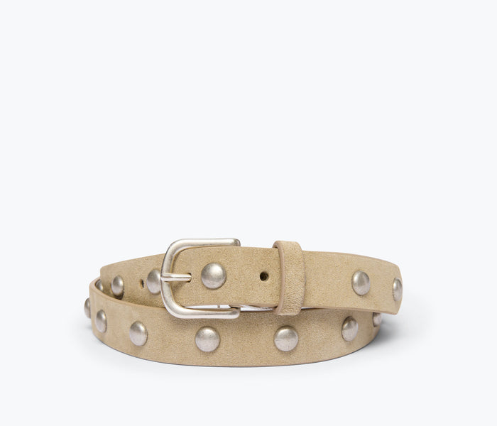 FREDA SALVADOR Rebecca belt in stucco suede with silver studs, featuring a stylish and textured design.