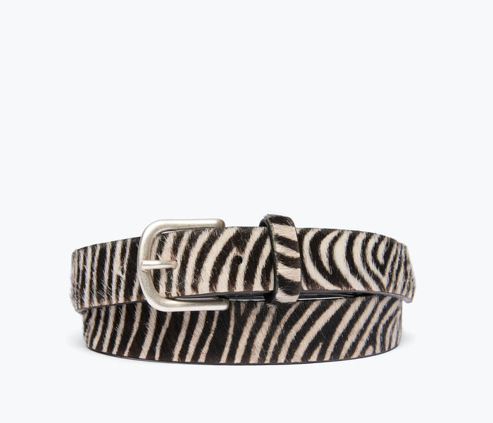 A zebra-print hair-on-hide belt with a silver-tone metal buckle, coiled on a light gray background.