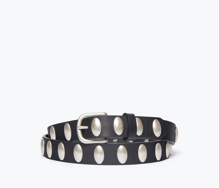 Freda Salvador Rebecca Belt in silver with oval buckle, stylish accessory for waist or dress.