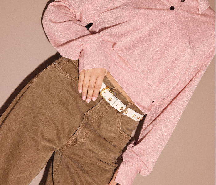 FREDA SALVADOR Rebecca belt with bone-colored leather and gold stud accents, stylish accessory for modern outfits.