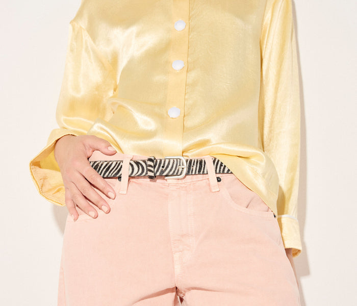 Freda Salvador Rebecca belt with zebra print and hair-textured strap, stylish accessory for casual and dressy outfits.