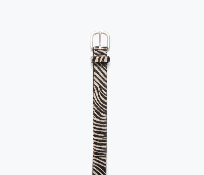 Freda Salvador Rebecca belt in zebra print with hair calf top, stylish accessory for waist, detailed textured pattern.