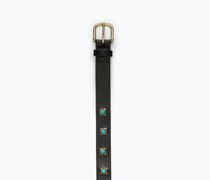 FREDA SALVADOR Rebecca belt with turquoise stones, metal plate detail, worn around the waist.