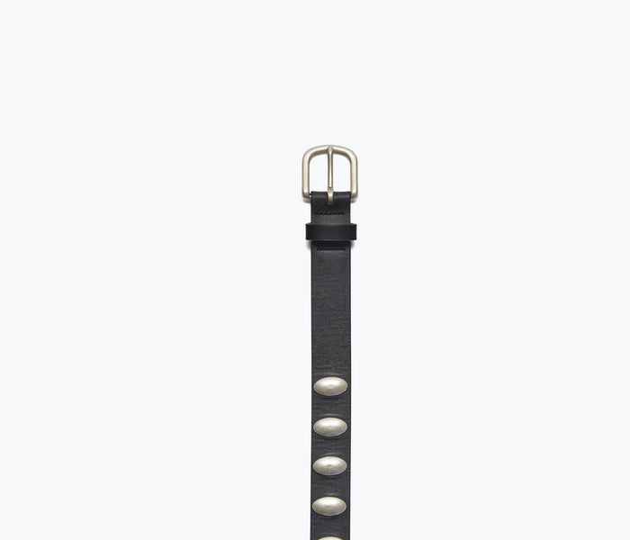 Silver oval detail belt from FREDA SALVADOR's REBECCA BELT collection, featuring a sleek design and polished finish.