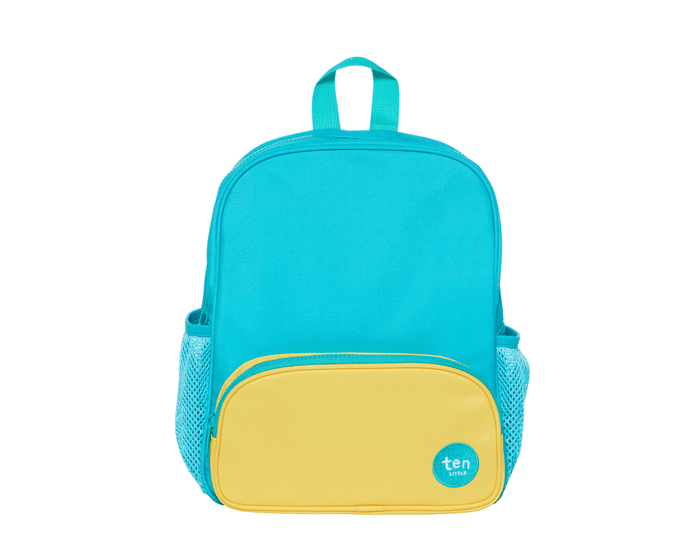 Front view of Ten Little Recycled Backpack 12 Inch - Teal & Yellow. Available at www.tenlittle.com