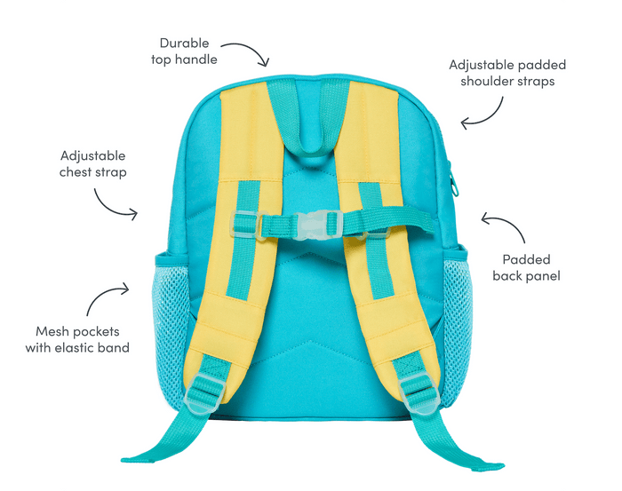 Back view and features of Ten Little Recycled Backpack 12 Inch - Teal & Yellow. Available at www.tenlittle.com