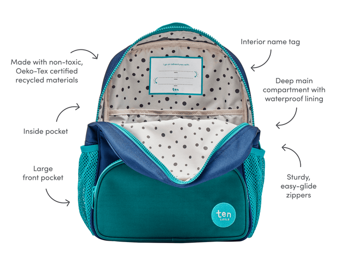 Interior and features of Ten Little Recycled Backpack 12 Inch - Navy & Green. Available at www.tenlittle.com