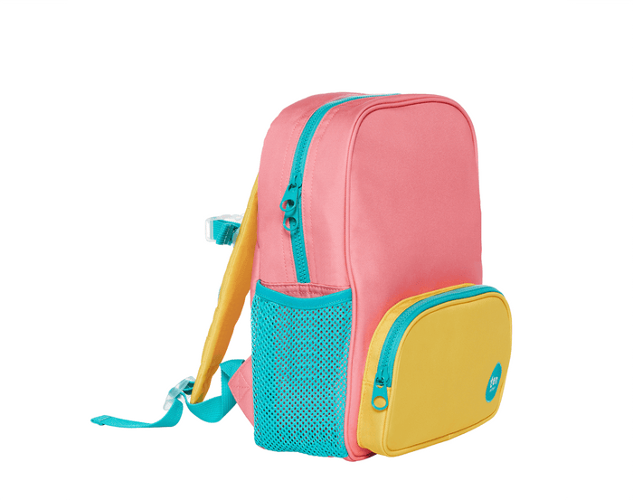 Side view of Ten Little Recycled Backpack 12 Inch - Pink & Yellow. Available at www.tenlittle.com