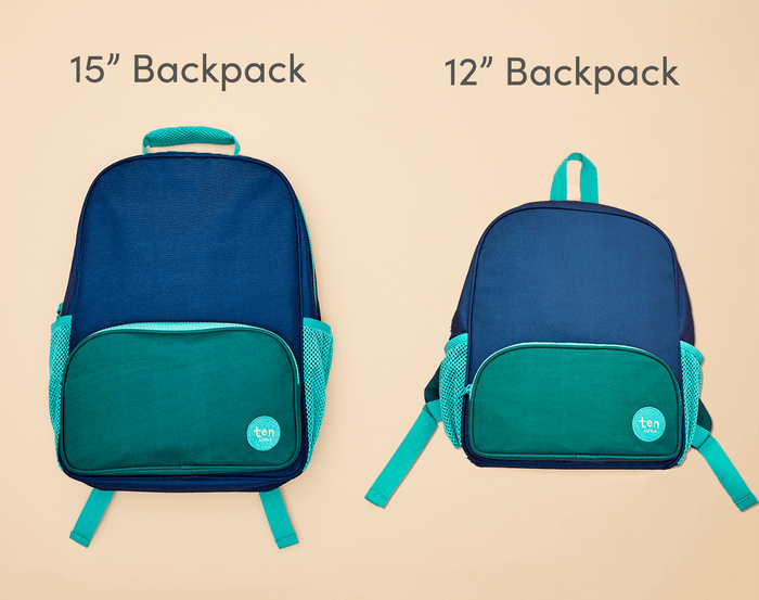 Split view comparison of Ten Little Recycled Backpack 12 Inch and 15 Inch - Navy & Green. Available at www.tenlittle.com