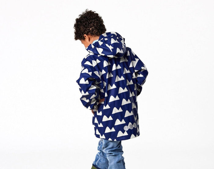 Back view - kid wearing Snapper Rock - Fleece Lined Recycled Waterproof Raincoat - mountain - Available at www.tenlittle.com