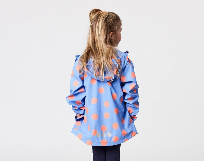 Back view girl wearing Snapper Rock - Fleece Lined Recycled Waterproof Raincoat - polka dot - Available at www.tenlittle.com