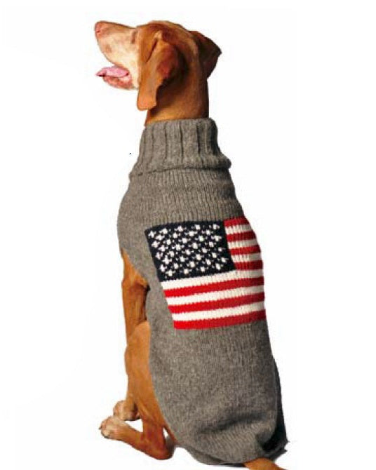 Cozy American flag dog sweater for French Bulldogs, Mini Aussies, and Shih Tzus. Perfect for festive occasions and everyday wear.