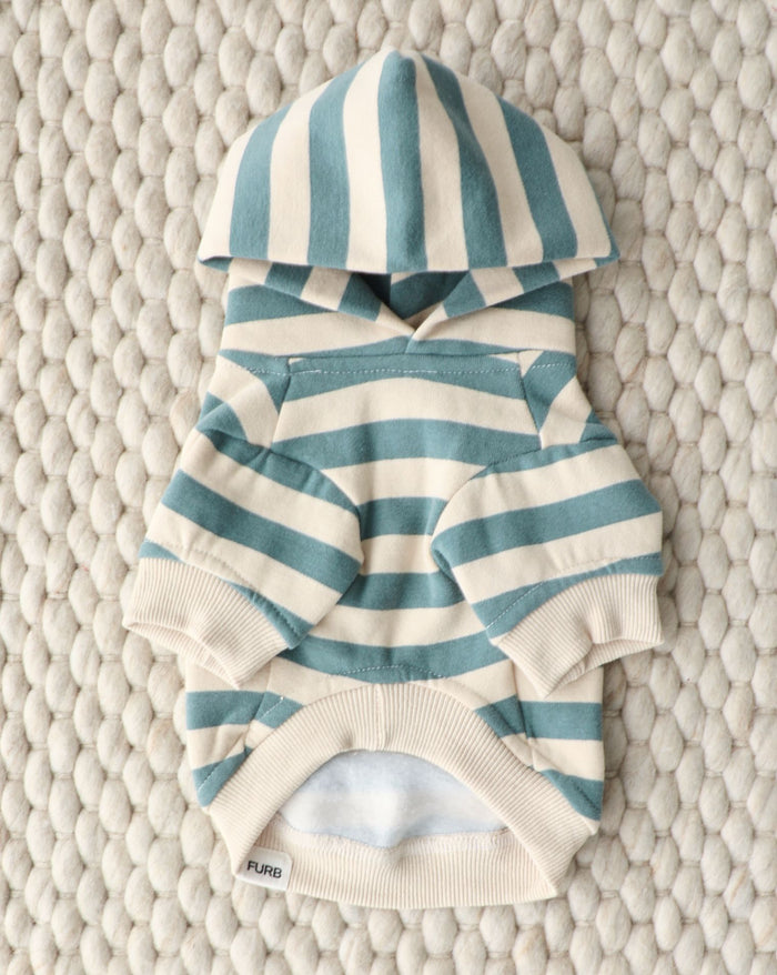 Remy Dusty Teal Stripe Dog Hoodie for small to medium dogs. Cozy casual style perfect for Pugs, Mini Schnauzers, and Cocker Spaniels.