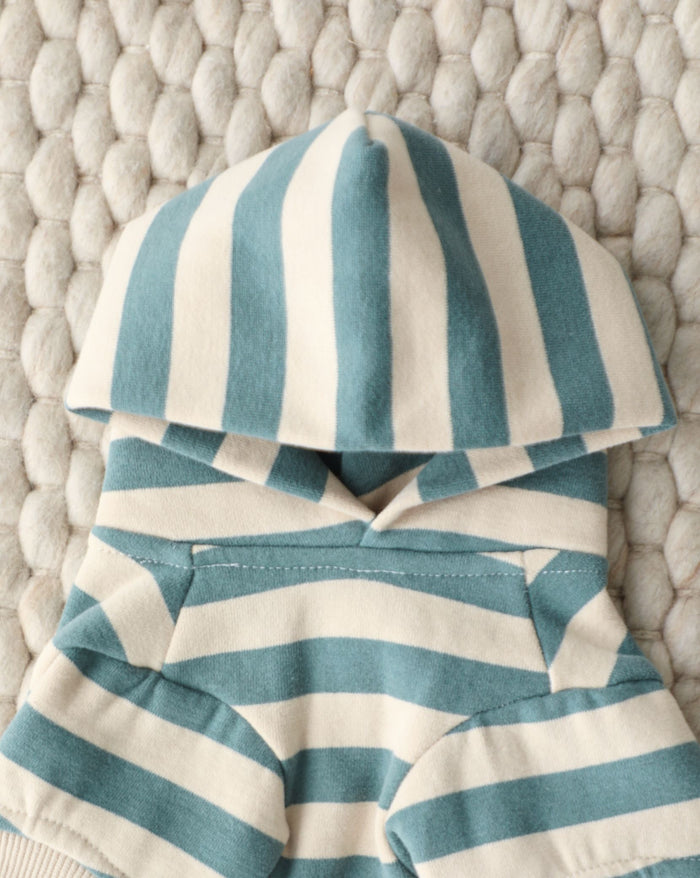 Stylish teal stripe hoodie for small-medium breeds like French Bulldogs, Cavaliers, and Boston Terriers during outdoor walks.