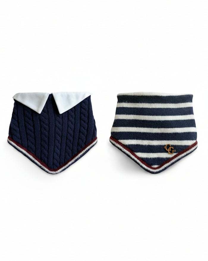 Rhodes Reversible Navy Dog Bandana dog bandana with navy cable knit striped