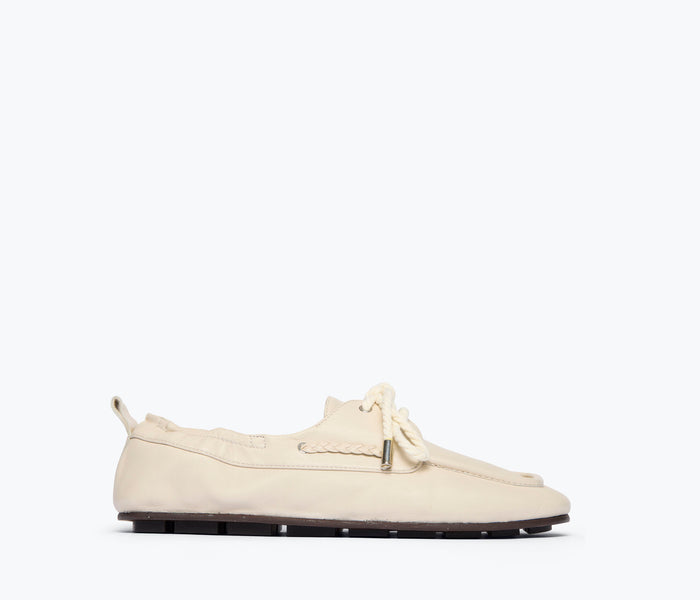 Freda Salvador RIA soft boat shoe loafer in vanilla nappa leather, front view showing sleek design and smooth leather finish.