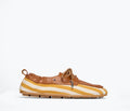 Freda Salvador RIA soft boat loafer in mustard yellow and white canvas, featuring a front view of the stylish boat shoe design.