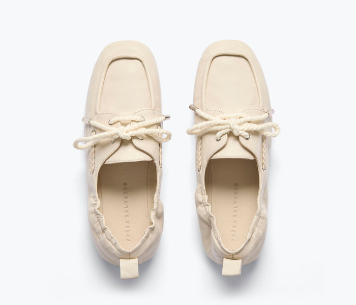 Fredas Salvador RIA soft boat shoe loafer in vanilla nappa leather with sleek, minimalist design and stitching details.
