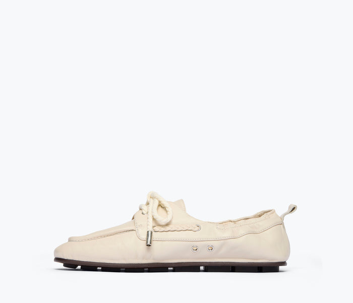 Fredas Salvador RIA soft boat shoe loafer in vanilla nappa leather, showing the inside view with detailed stitching and soft interior.