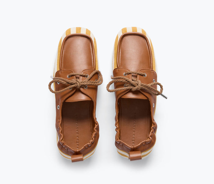 Freda Salvador RIA soft boat shoe loafer in mustard yellow with white canvas top, casual slip-on footwear.