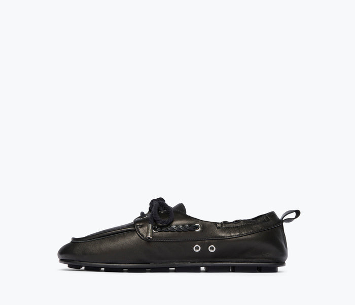 Freda Salvador RIA soft boat loafer in black nappa leather, showing the inside view with detailed stitching and luxurious material.
