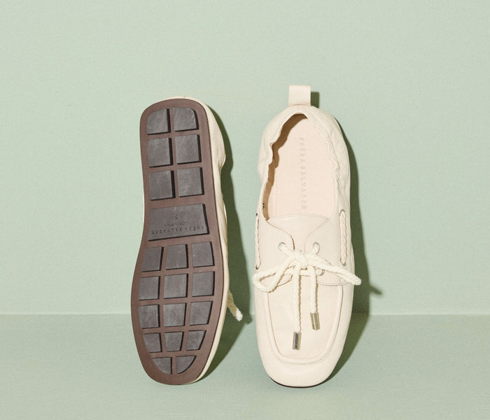 Freda Salvador RIA soft boat loafer in vanilla nappa leather, showing the sleek slip-on design and smooth leather surface.