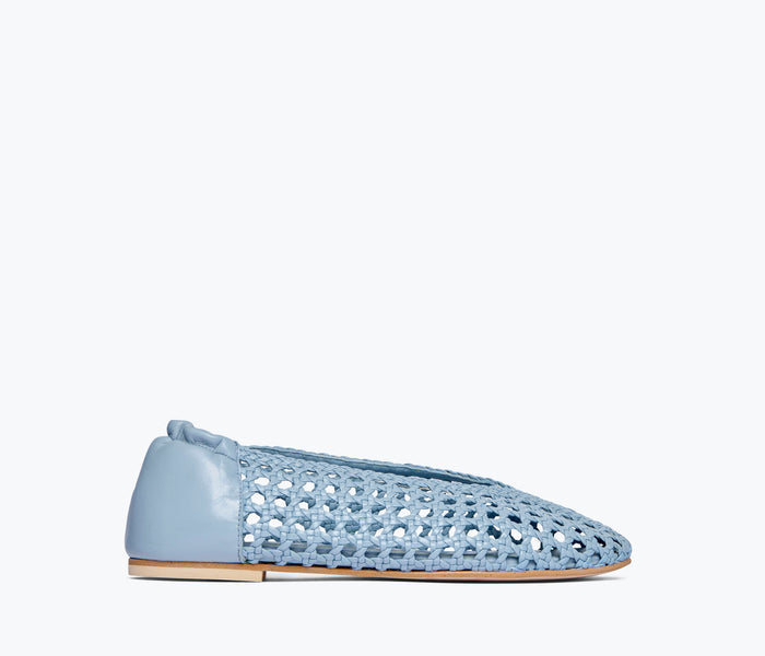 Freda Salvador Riley open weave ballet flat in sky blue, front view showing breathable woven design and sleek silhouette.
