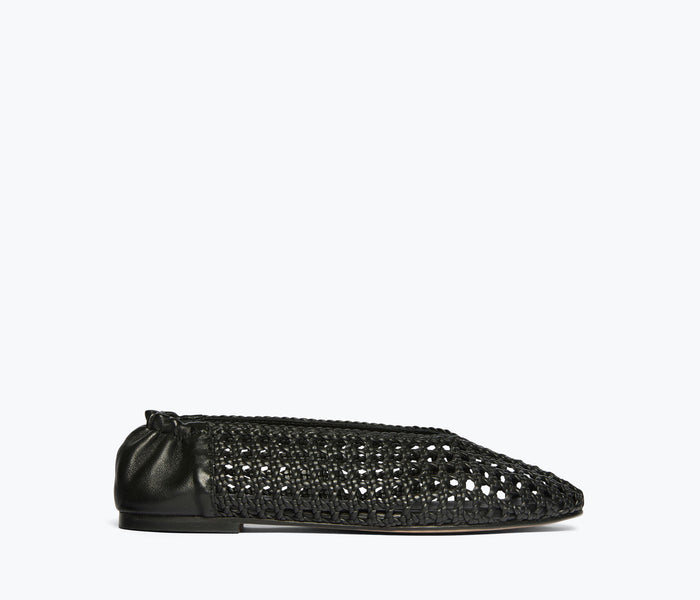 Black Freda Salvador Riley open weave ballet flat shown from the front, featuring a sleek, breathable design with a rounded toe.