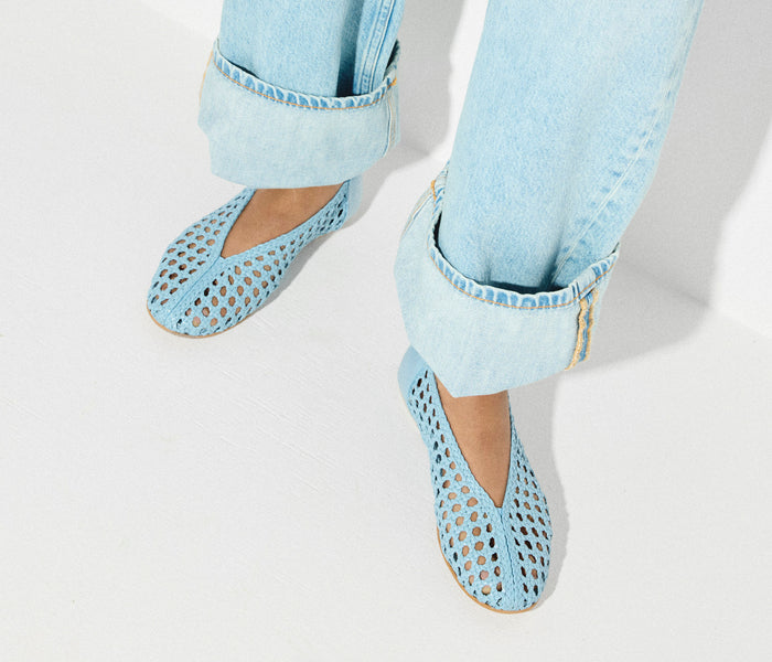 Sky blue Freda Salvador Riley open weave ballet flat with a sleek, minimalist design and textured woven upper.